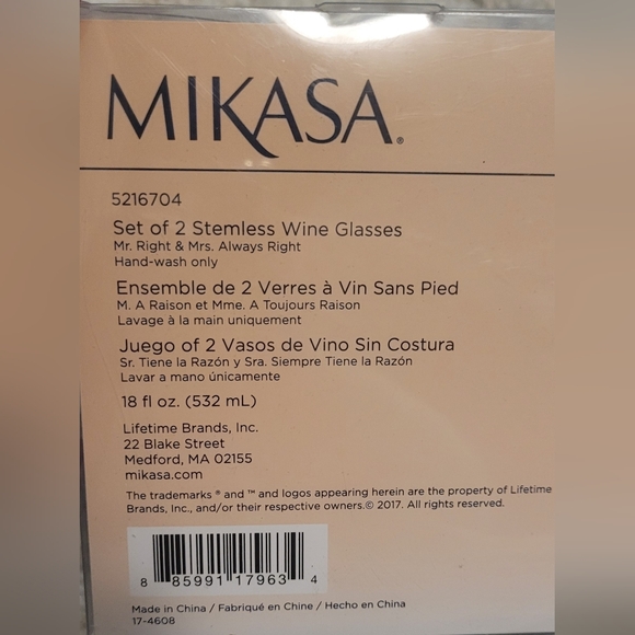Mikasa Stemless Wine Glasses "Mr. Right      & Mrs. Always Right" - Picture 4 of 5